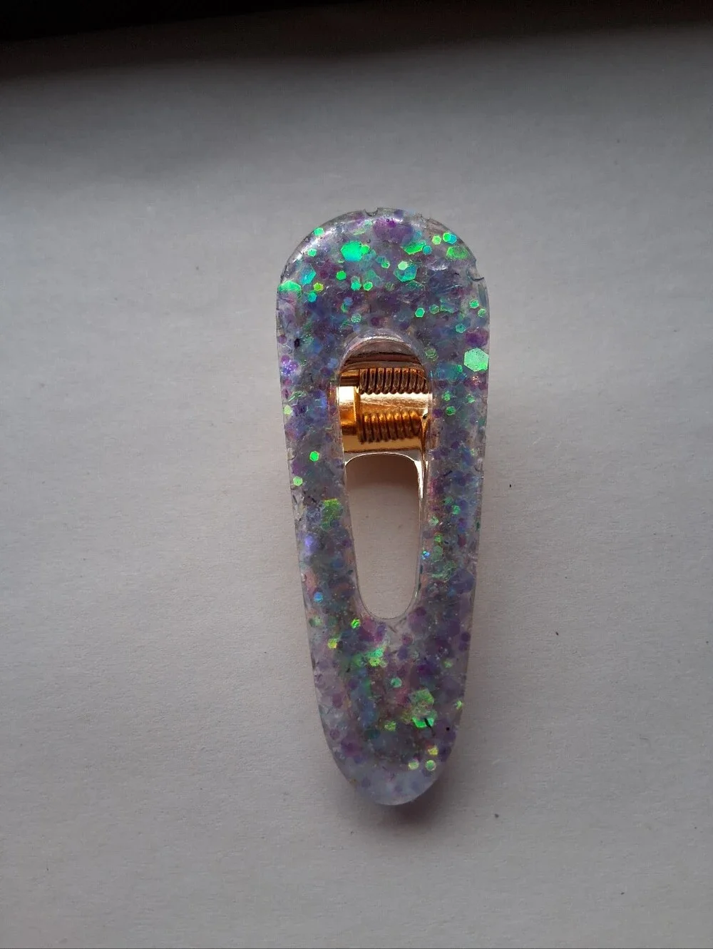 5/$25 Hand Crafted Iridescent Purple and Green Glitter Resin Hair Clip